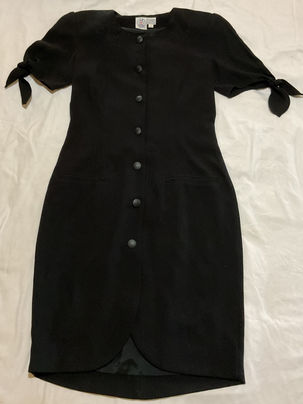 Vintage J.G Hook Black Sheath Dress with Shoulder Pads Tie Sleeve Button Front 6